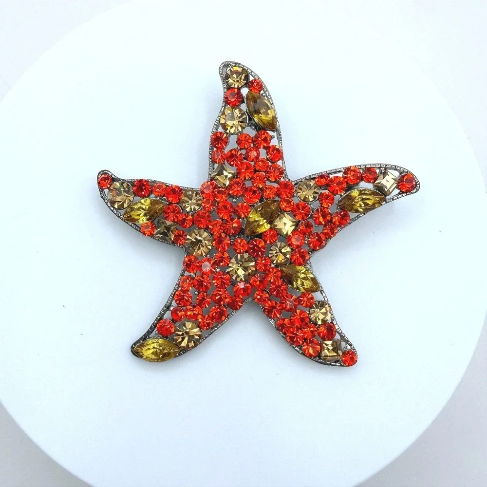 Vintage Red Yellow Rhinestones Silver-Tone‎ Aluminium Starfish-Shaped Brooch Pin